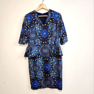 Don Caster Collection Galaxy Peplum knee length 100% silk dress. Size 2, Navy
